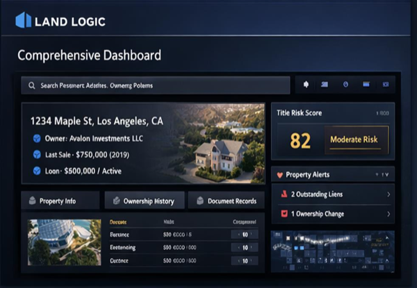 Land Logic Global Dashboard Command Center showing property search, title risk score, and property alerts