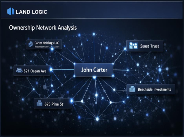 Land Logic Global Ownership Network Analysis showing entity relationships and property connections