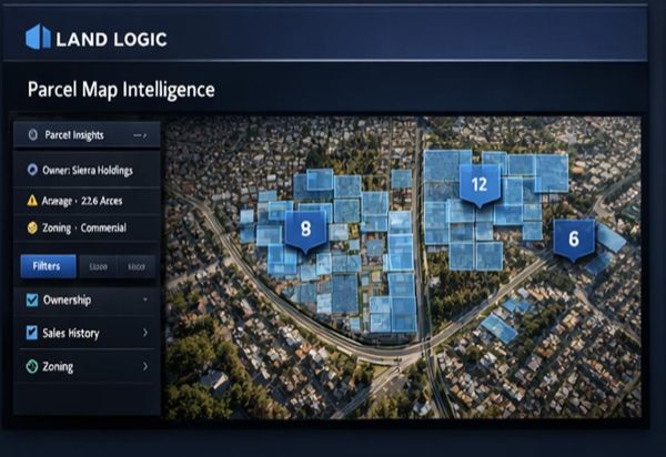Land Logic Global Parcel Map Intelligence with satellite view and property overlays