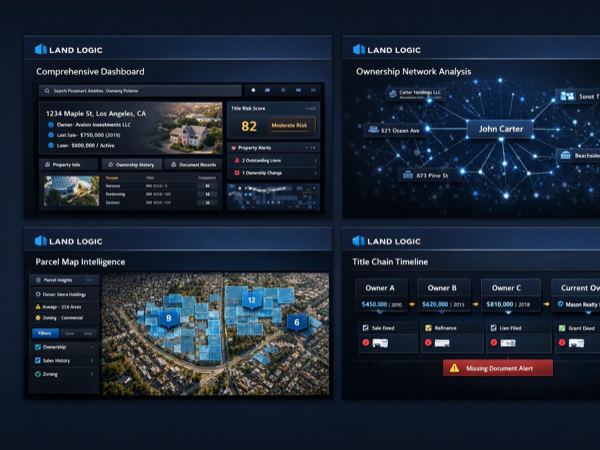 Land Logic Global Risk Engine showing an AI-generated title risk score with flagged defects and compliance issues