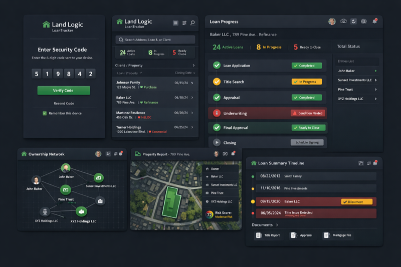 Land Logic Global platform demo showing login screen, deal dashboard, loan progress tracking, ownership network analysis, property map, and loan summary timeline